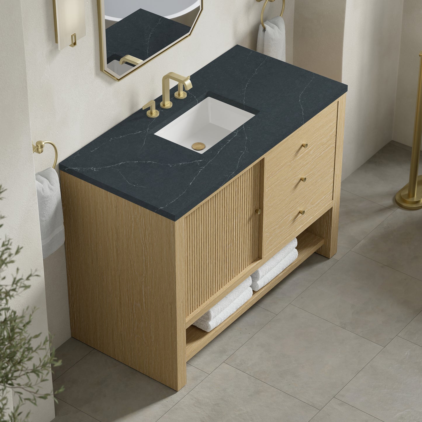 Renovate for Less Atlanta Marigot 48" Single Vanity, Sunwashed Oak w/ 3 CM Charcoal Soapstone Silestone Top