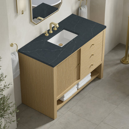 Renovate for Less Atlanta Marigot 48" Single Vanity, Sunwashed Oak w/ 3 CM Charcoal Soapstone Silestone Top