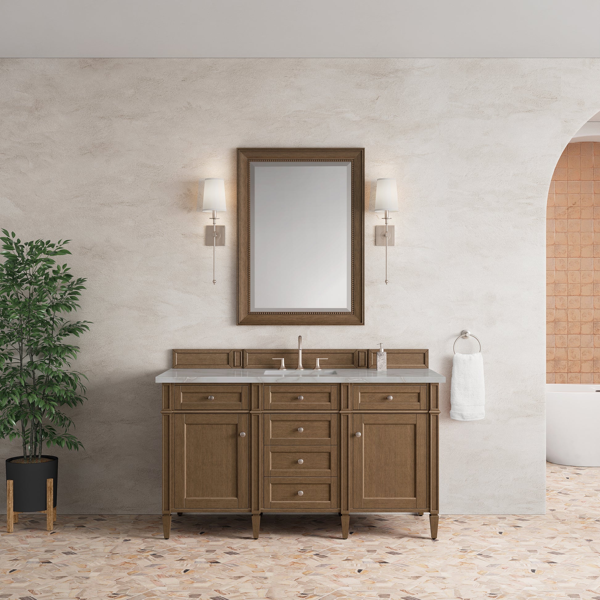 Renovate for Less Atlanta Brittany 60" Single Vanity, Saddle Brown w/ 3 CM Victorian Silver Silestone Top