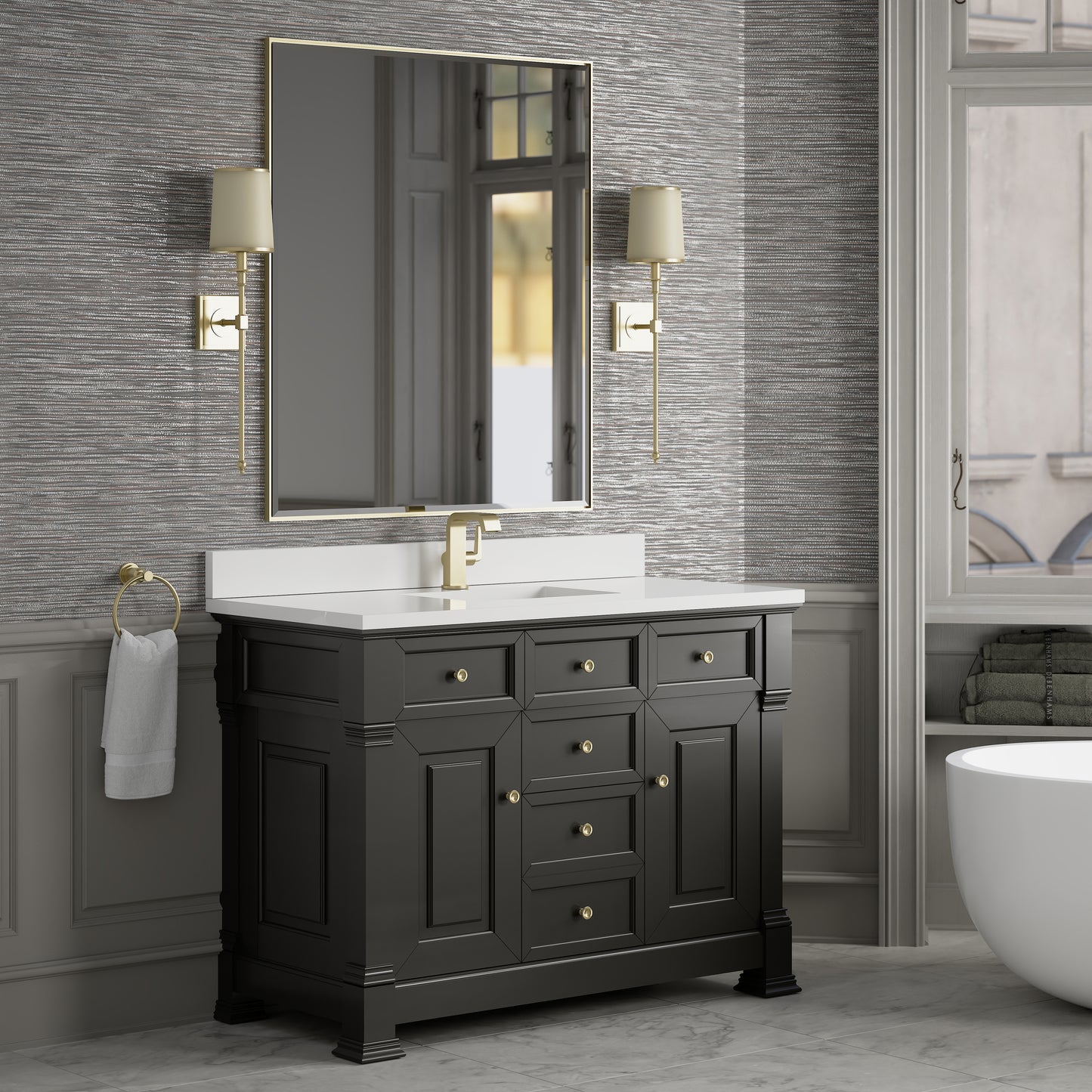 Renovate for Less Atlanta Brookfield 48" Single Vanity, Black Onyx w/ Single Hole 3 CM White Zeus Silestone Top & Backsplash