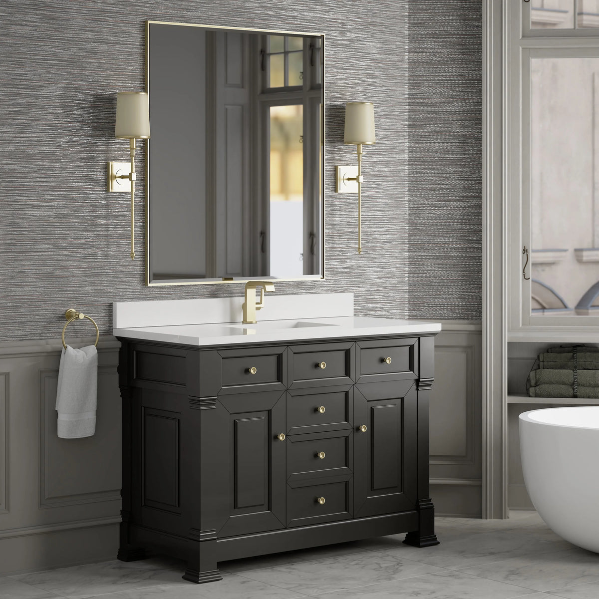 Brookfield 48" Single Vanity, Black Onyx w/ Single Hole 3 CM White Zeus Silestone Top & Backsplash