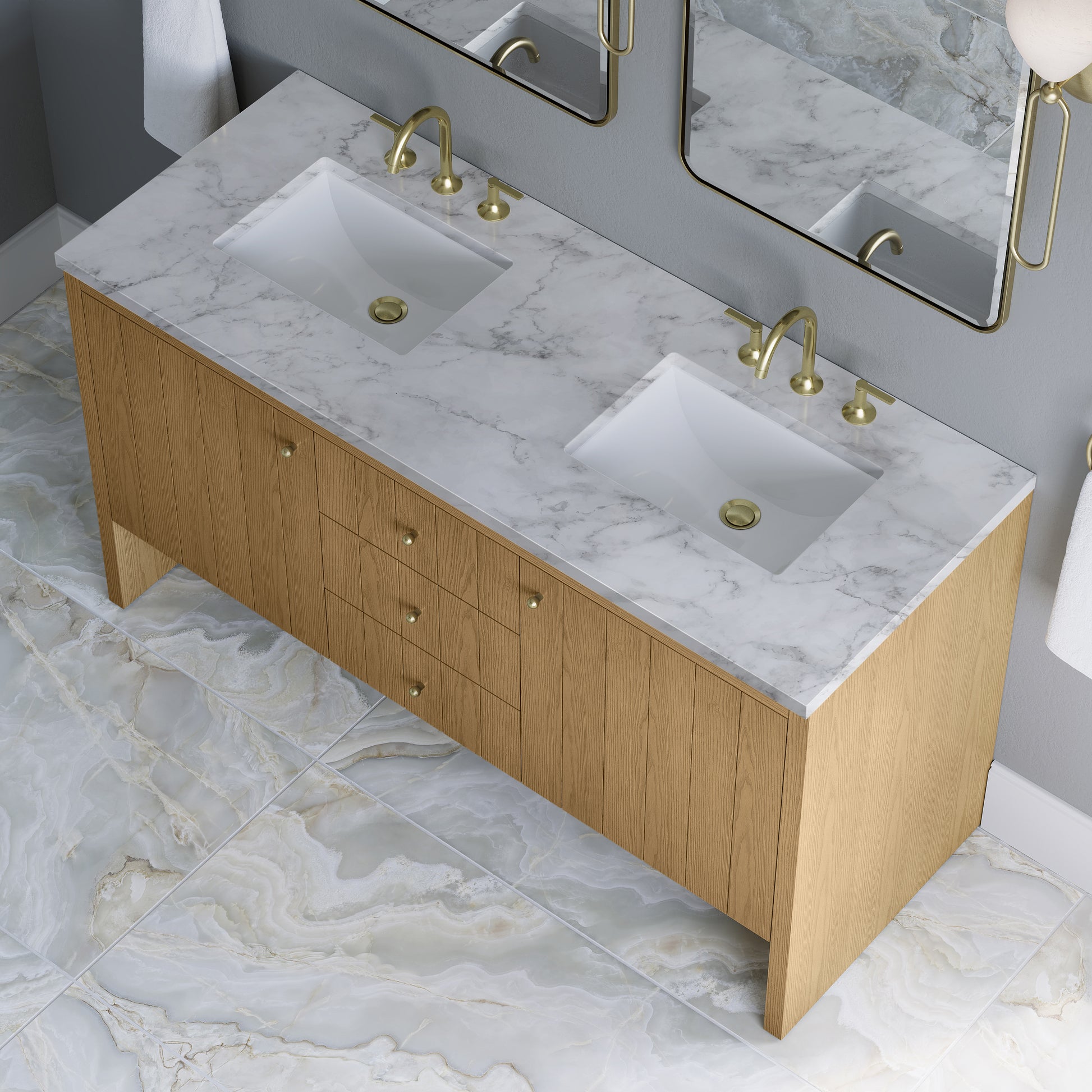Renovate for Less Atlanta Hudson 60" Double Vanity, Light Natural Oak w/ 3 CM Carrara Marble Top