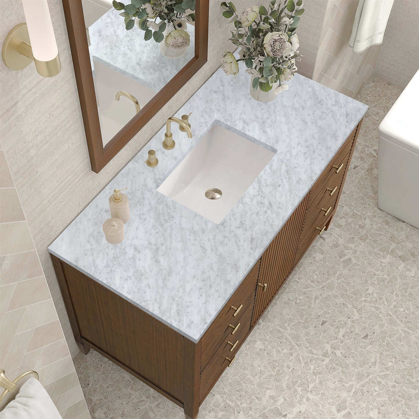 Renovate for Less Atlanta Myrrin 48" Single Vanity, Mid Century Walnut w/ 3 CM Carrara White Marble Top