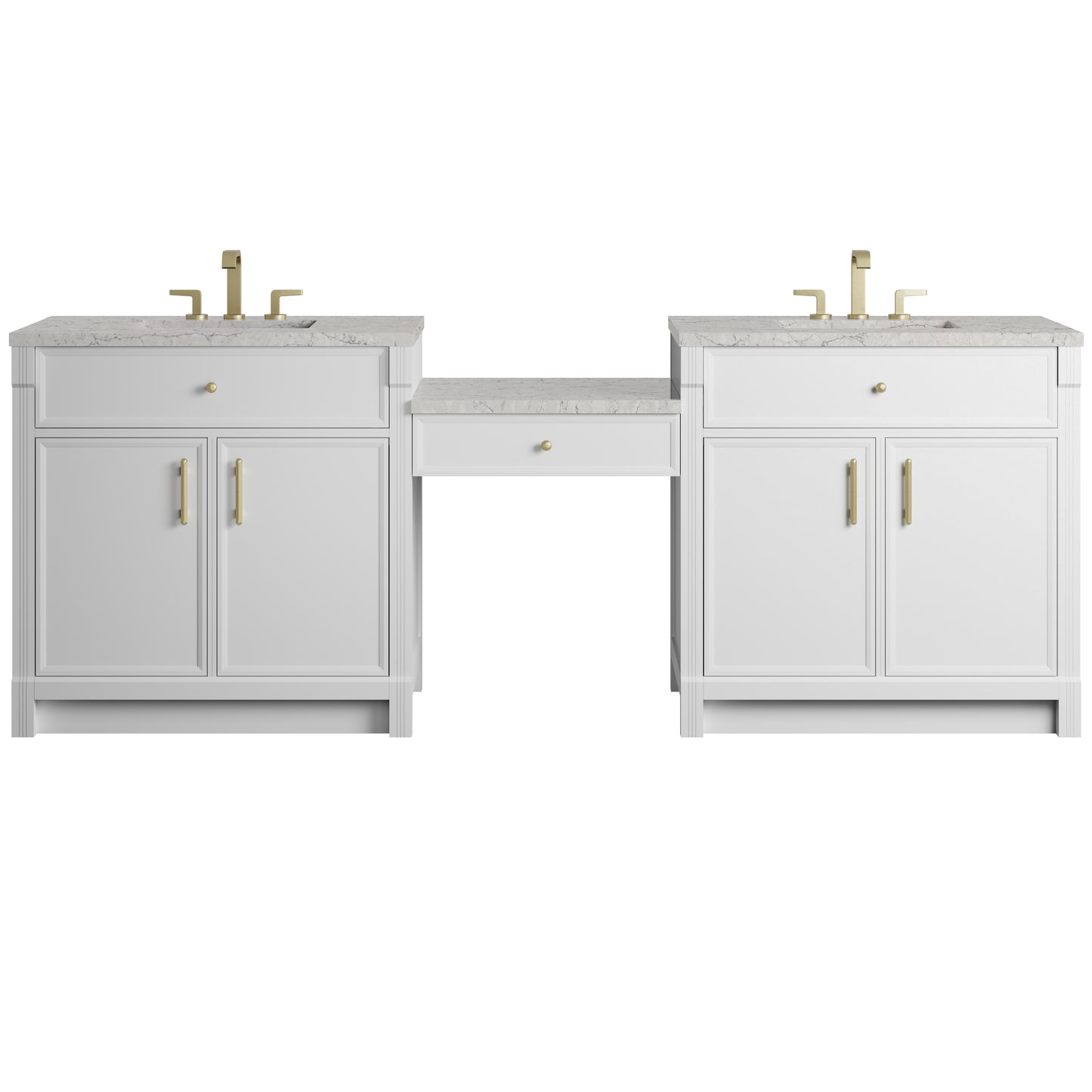 Renovate for Less Atlanta Bellshire 96" Dual Vanity Set with 24" Make-Up Counter, Bright White w/3 cm Eternal Jasmine Pearl Silestone Top