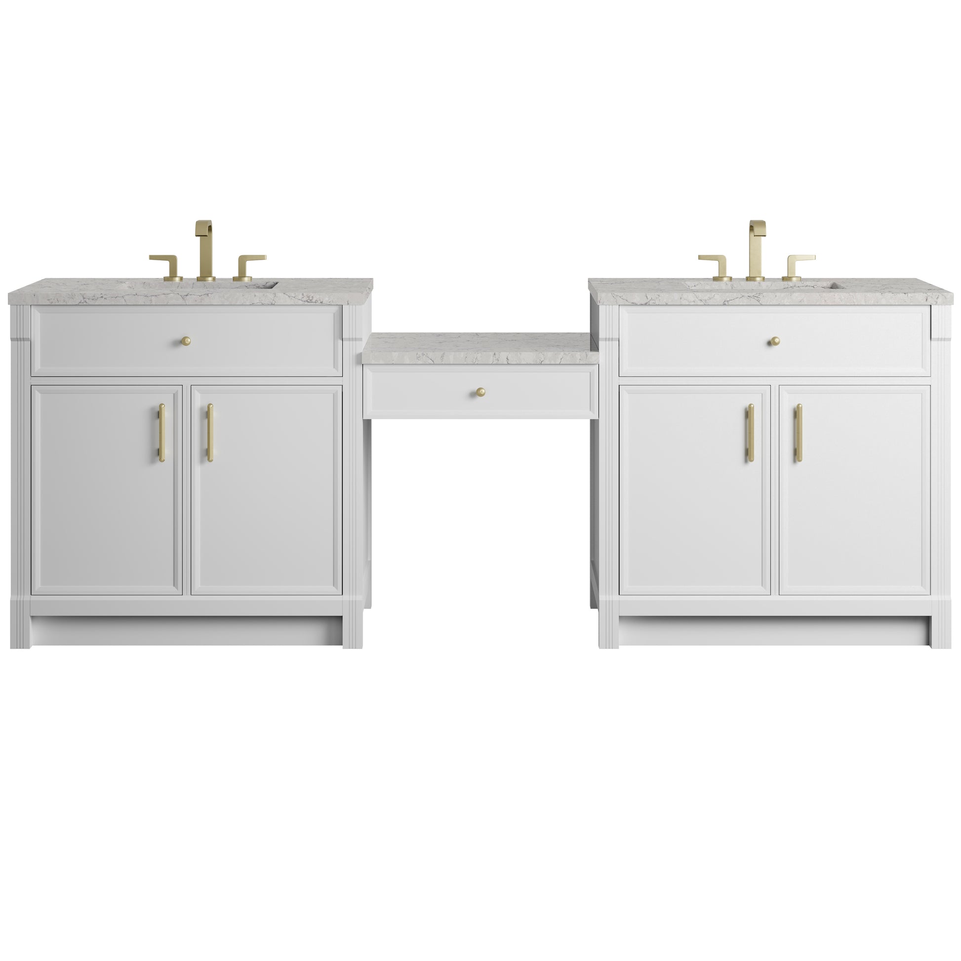 Renovate for Less Atlanta Bellshire 96" Dual Vanity Set with 24" Make-Up Counter, Bright White w/3 cm Eternal Jasmine Pearl Silestone Top