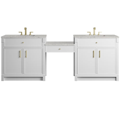 Renovate for Less Atlanta Bellshire 96" Dual Vanity Set with 24" Make-Up Counter, Bright White w/3 cm Eternal Jasmine Pearl Silestone Top