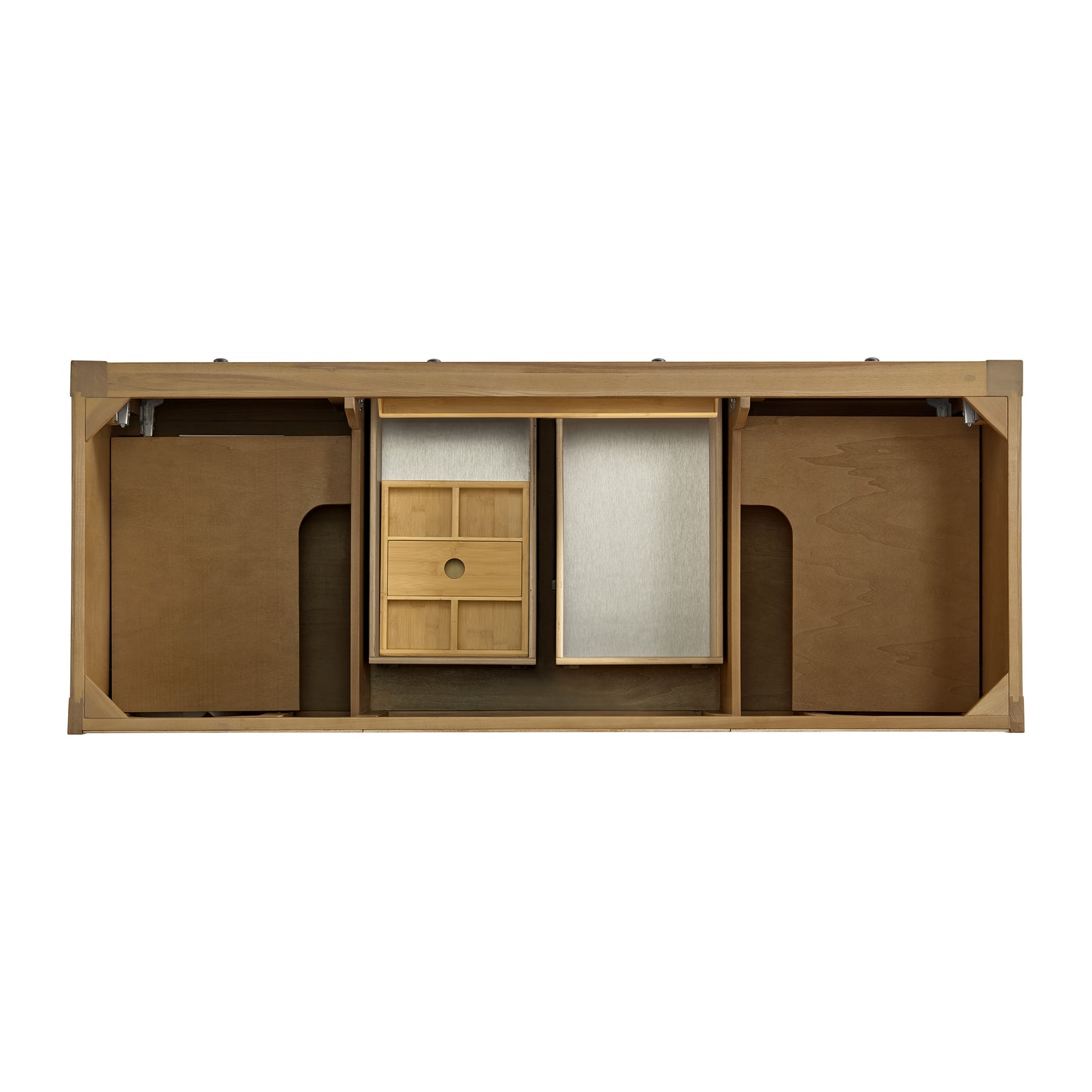 Renovate for Less Atlanta Breckenridge 60" Double Vanity, Light Natural Oak, w/ 3 CM Eternal Jasmine Pearl Quartz Top w/FreePower Wireless Charger