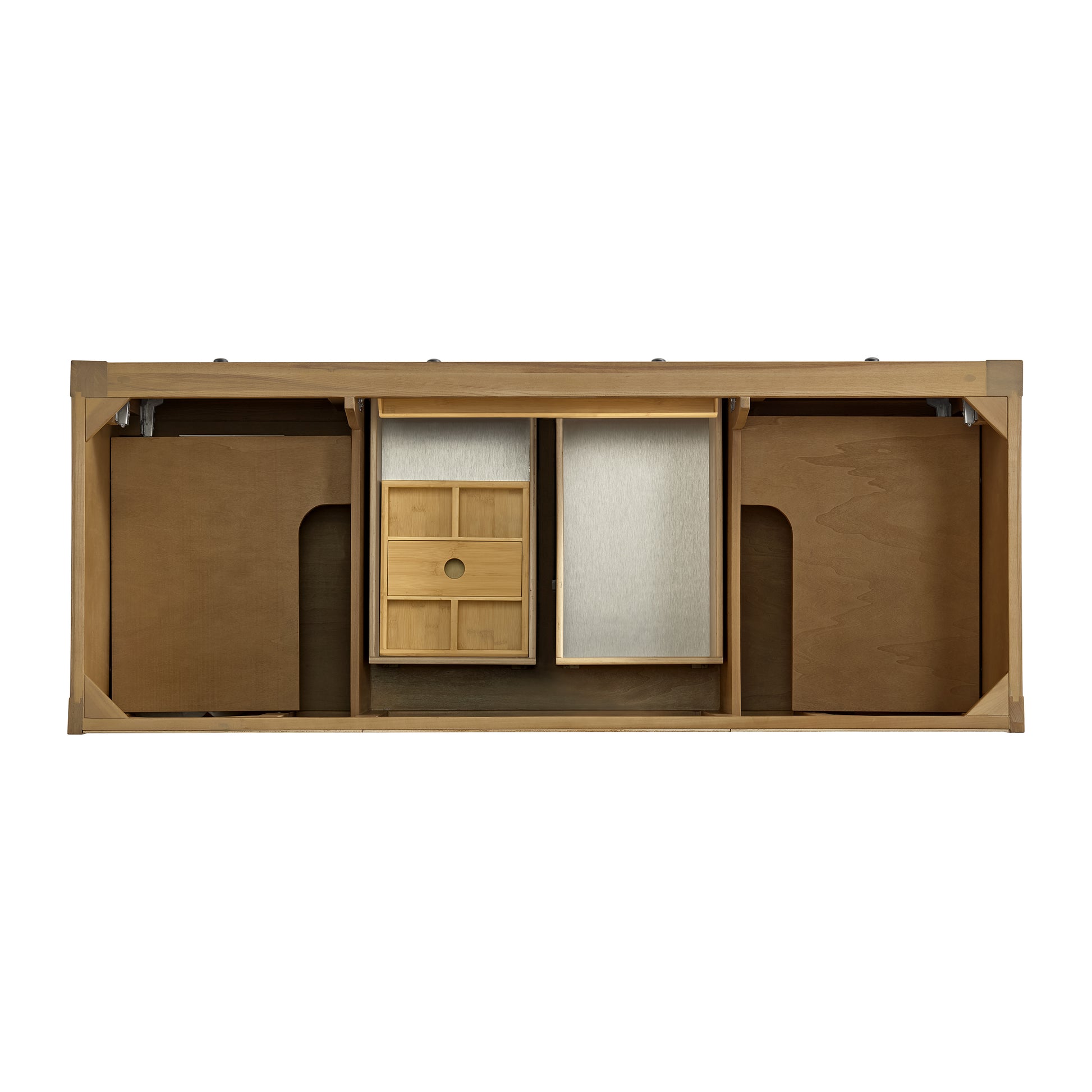 Renovate for Less Atlanta Breckenridge 60" Double Vanity, Light Natural Oak, w/ 3 CM Eternal Jasmine Pearl Quartz Top w/FreePower Wireless Charger