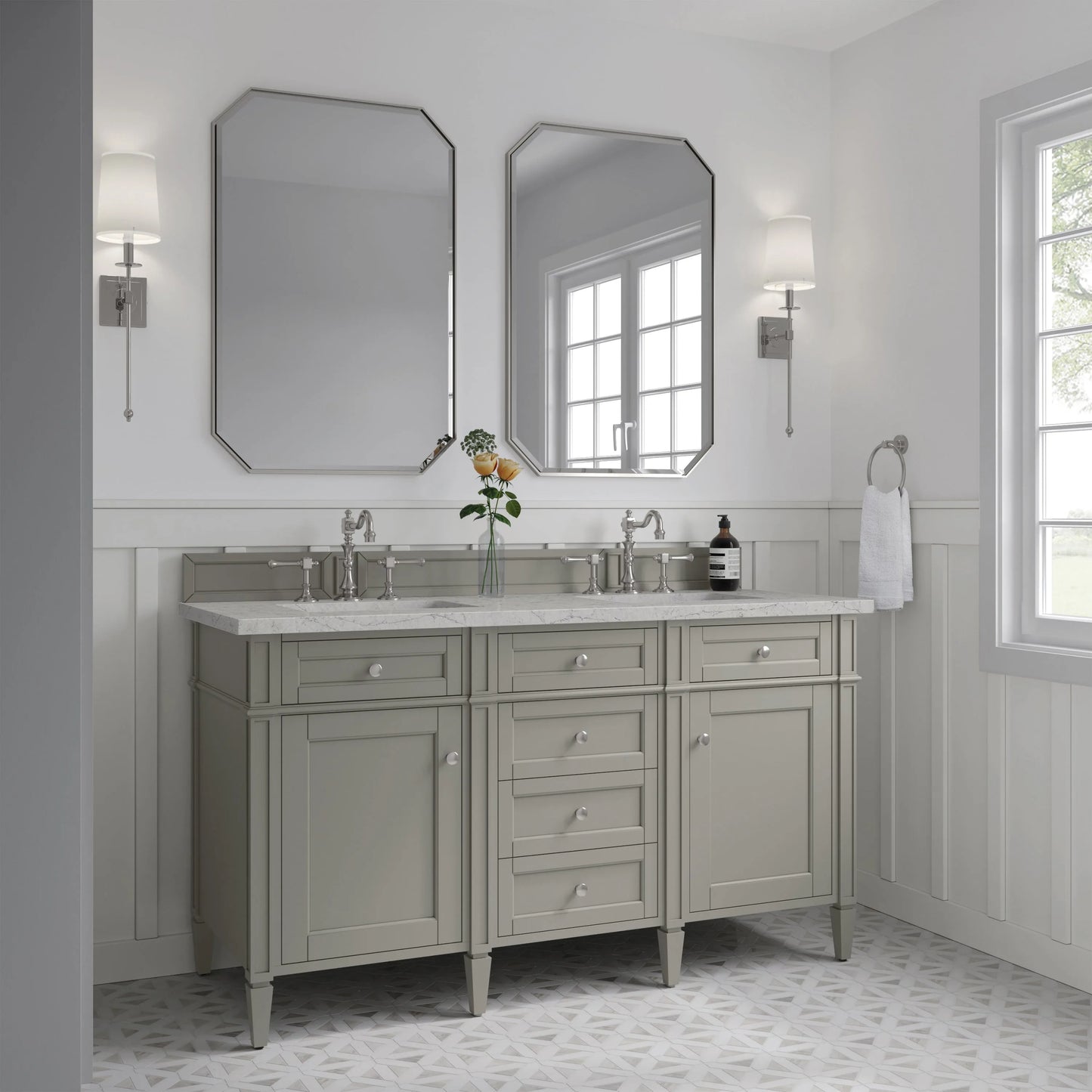 Brittany 60" Double Vanity, Urban Gray w/ 3 CM Eternal Jasmine Pearl Silestone Top