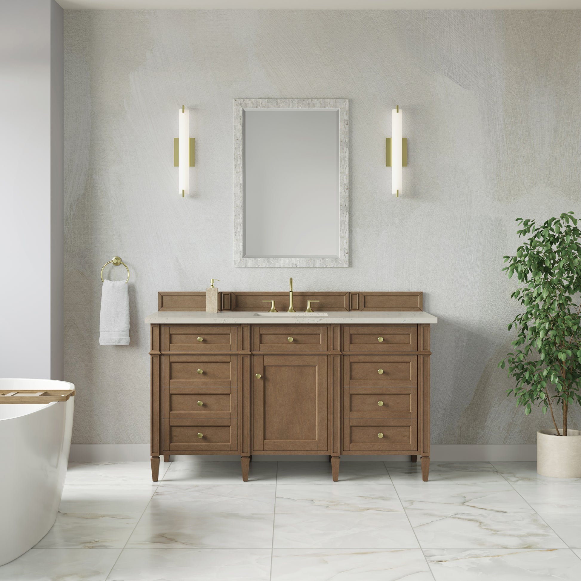 Renovate for Less Atlanta Brittany 60" Single Vanity, Pecan w/ 3 CM Siberian Silestone Top w/FreePower Wireless Charger