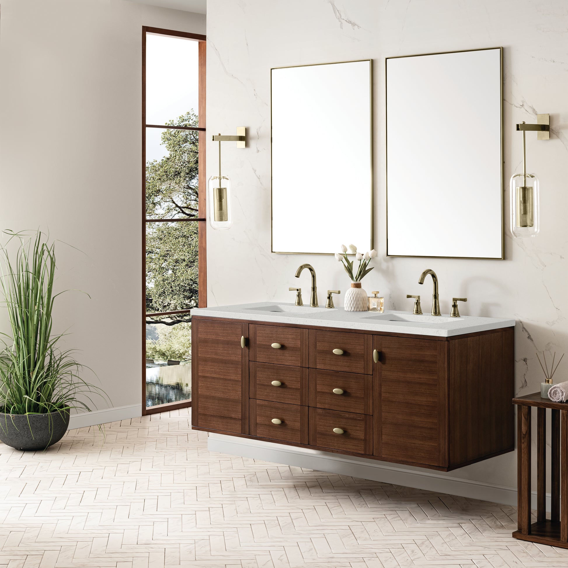 Renovate for Less Atlanta Amberly 60" Double Vanity, Mid-Century Walnut w/ 3 CM Lime Delight Top