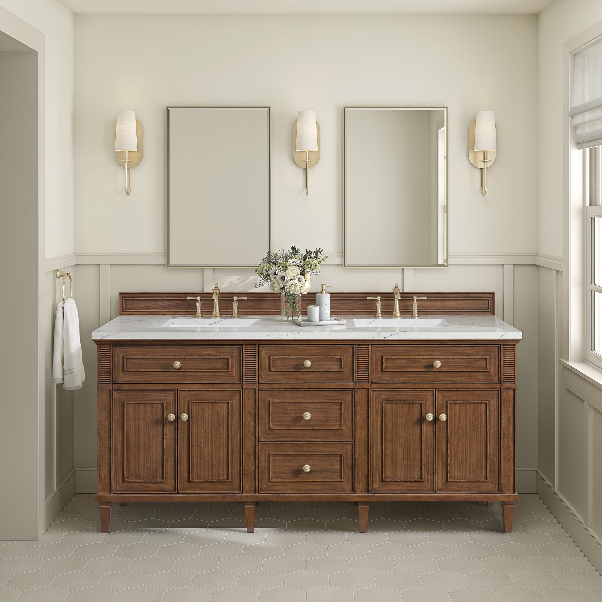 Renovate for Less Atlanta Lorelai 72"Double Vanity, Mid-Century Walnut w/ 3 CM Ethereal Noctis Silestone Top