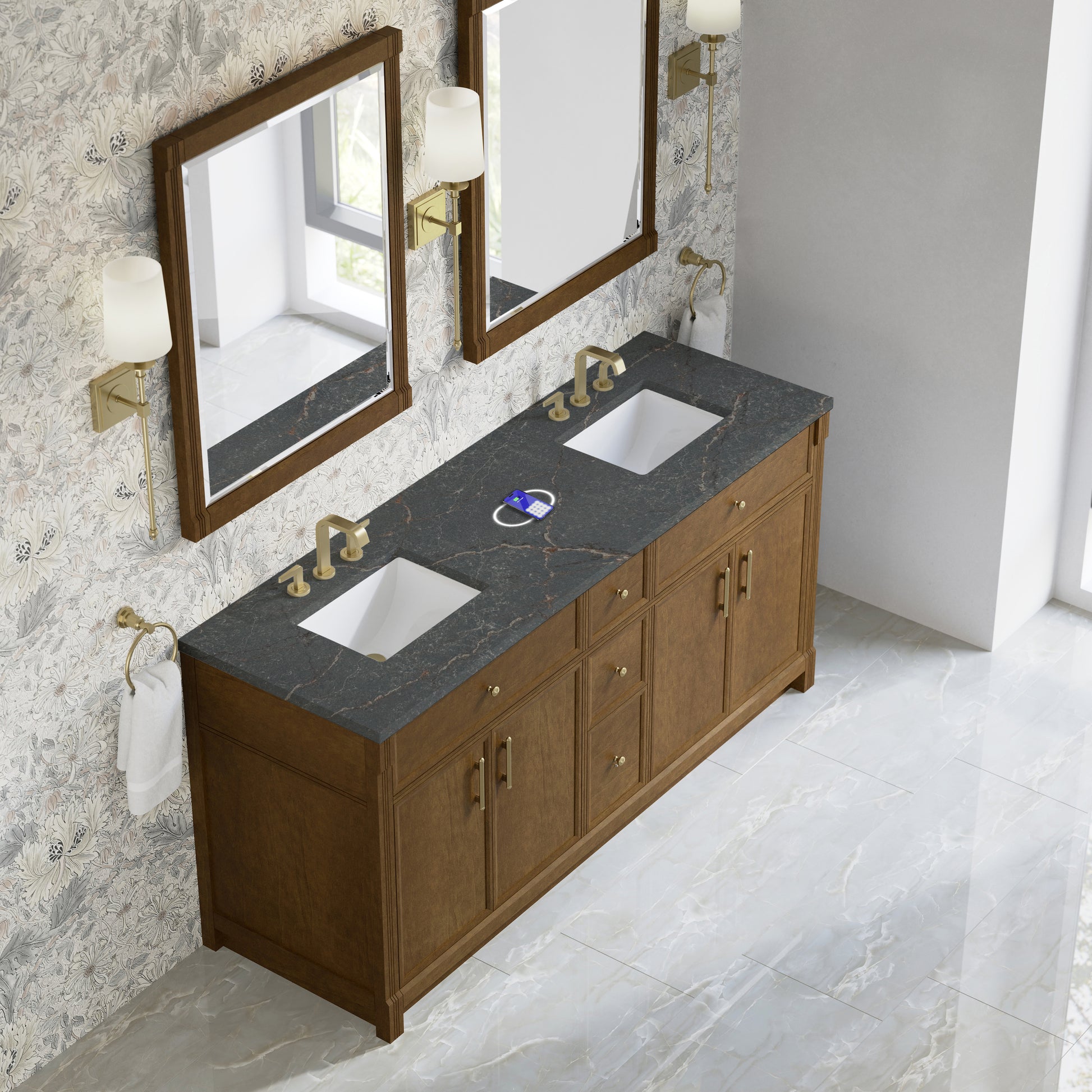 Renovate for Less Atlanta Bellshire 72" Double Vanity, Honey Oak w/ 3 CM Parisien Bleu Silestone Top w/FreePower Wireless Charger