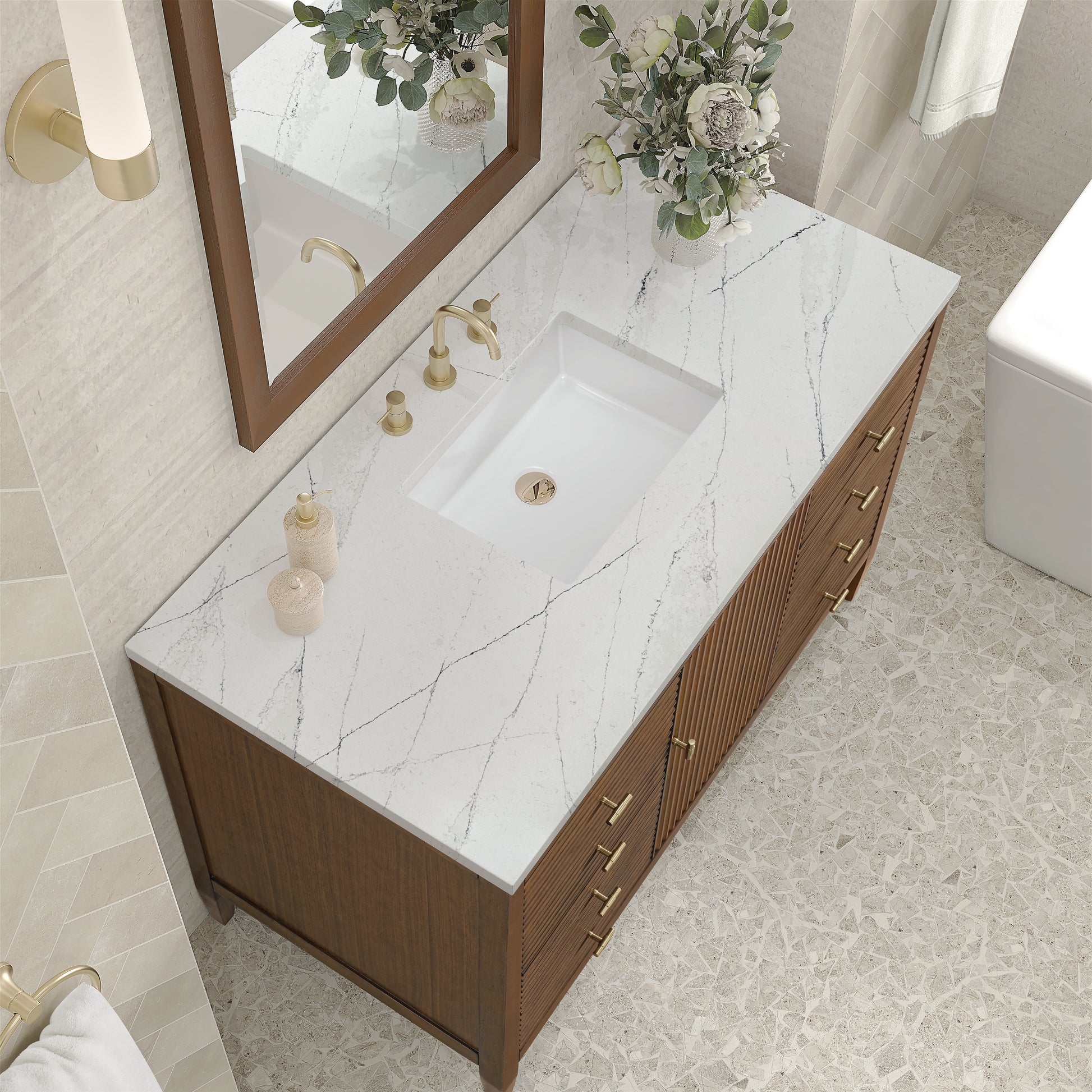 Renovate for Less Atlanta Myrrin 48" Single Vanity, Mid Century Walnut w/ 3 CM Ethereal Noctis Silestone Top