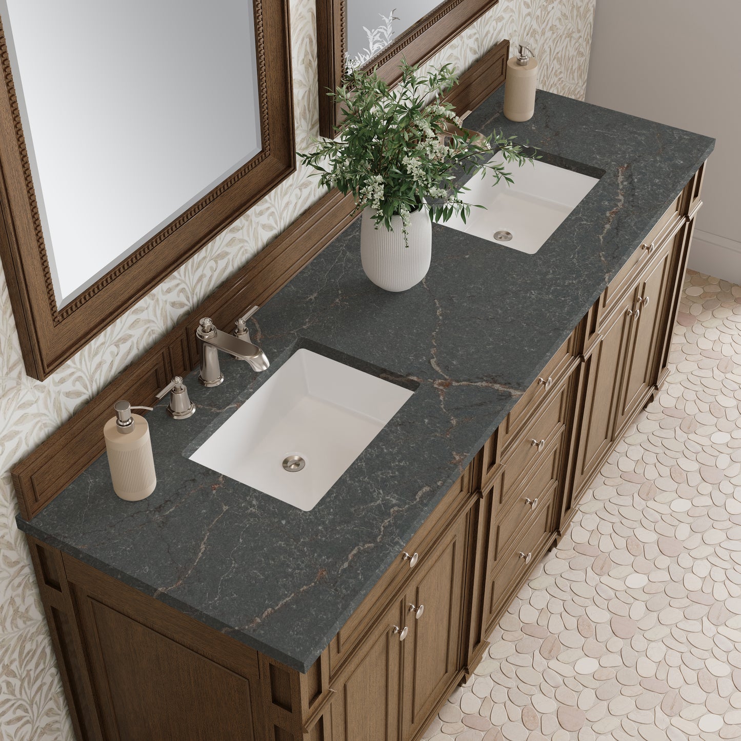 Renovate for Less Atlanta Bristol 72" Double Vanity, Saddle Brown w/ 3 CM Parisien Bleu Silestone Top
