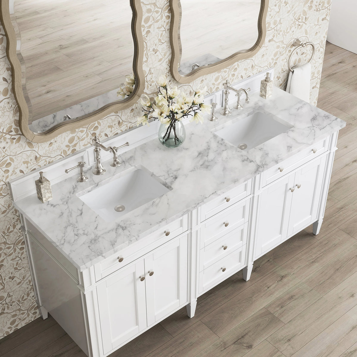 Brittany 72" Double Vanity, Bright White Vanity w/ 3 CM Carrara Marble Top