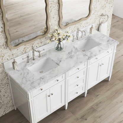 Brittany 72" Double Vanity, Bright White Vanity w/ 3 CM Carrara Marble Top