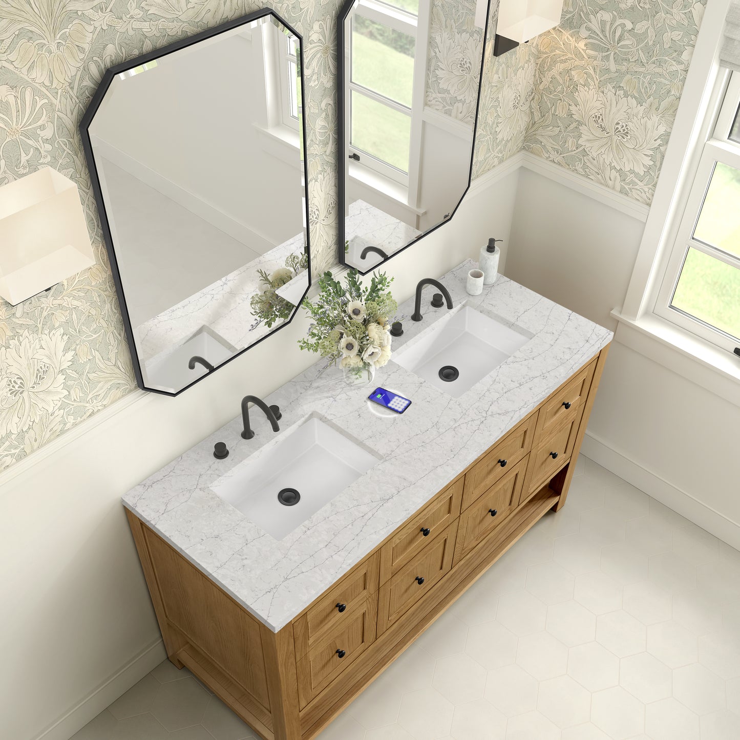 Renovate for Less Atlanta Breckenridge 60" Double Vanity, Light Natural Oak, w/ 3 CM Eternal Jasmine Pearl Quartz Top w/FreePower Wireless Charger