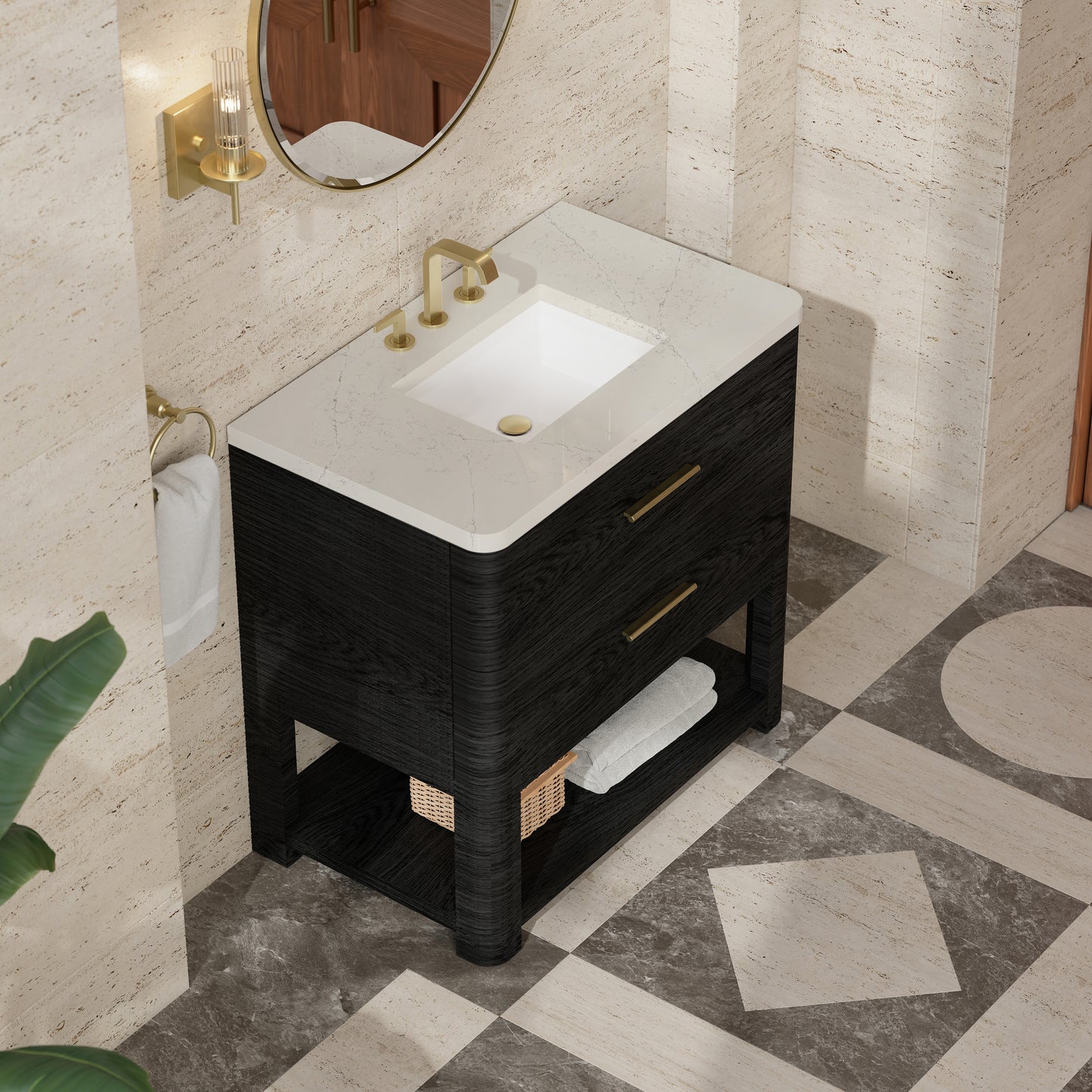 Renovate for Less Atlanta Lucian 36" Single Vanity, Carbon Oak, w/ 3 CM Siberian Silestone Widespread Top