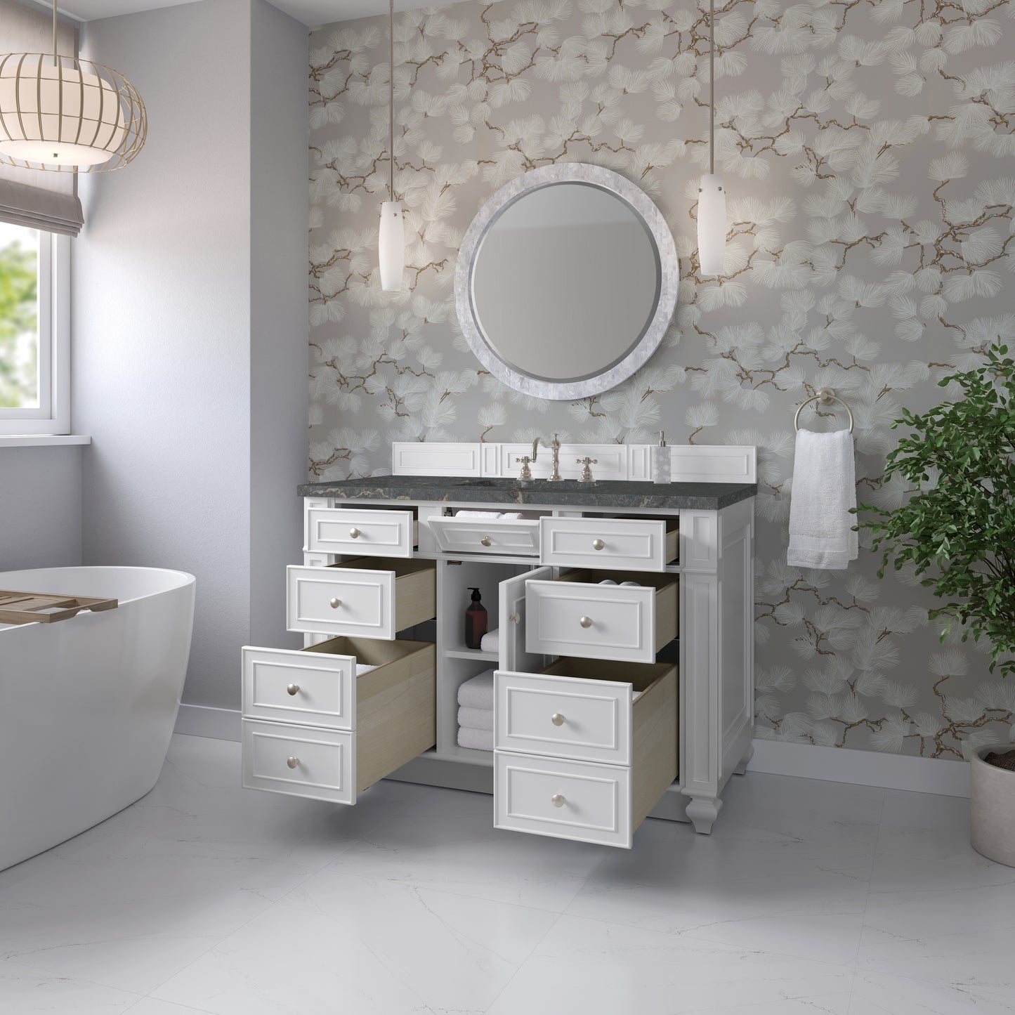 Renovate for Less Atlanta Bristol 48" Single Vanity, Bright White w/ 3 CM Parisien Bleu Silestone Top
