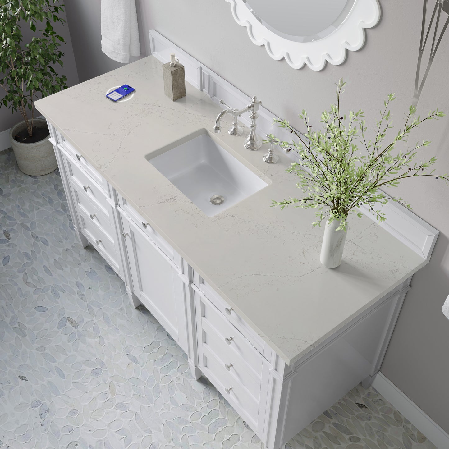 Renovate for Less Atlanta Brittany 60" Single Vanity in Bright White, w/ 3 CM Siberian Silestone Top w/FreePower Wireless Charger