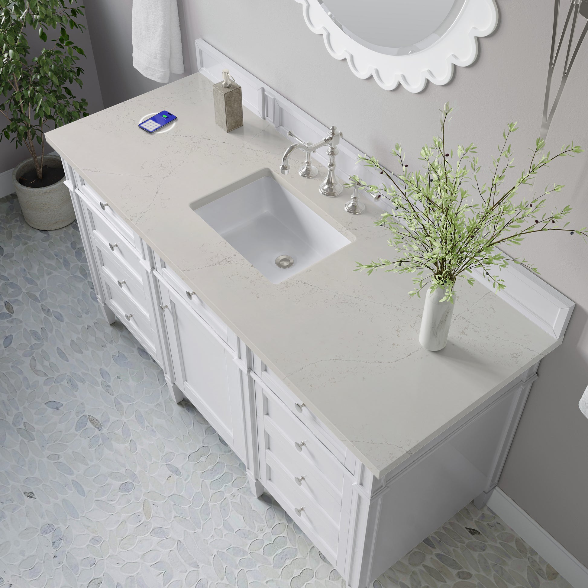 Renovate for Less Atlanta Brittany 60" Single Vanity in Bright White, w/ 3 CM Siberian Silestone Top w/FreePower Wireless Charger