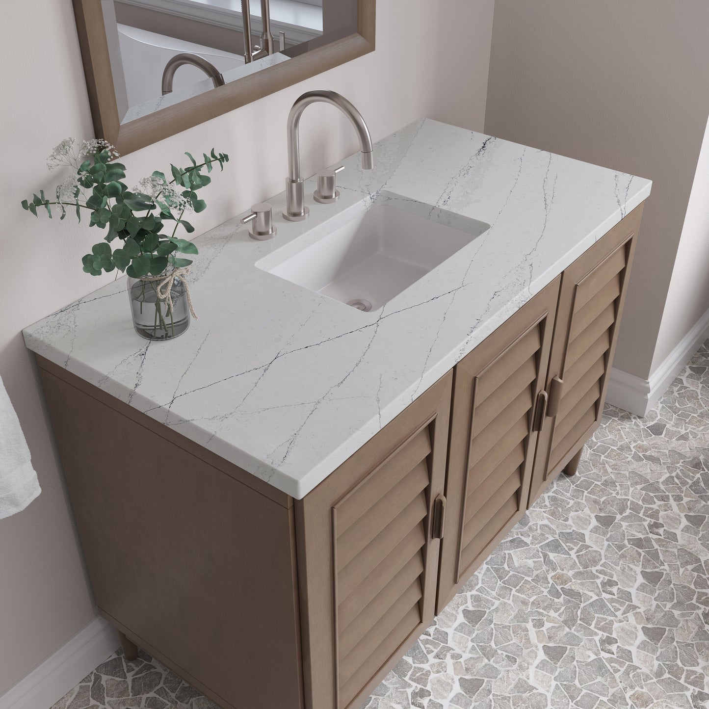 Renovate for Less Atlanta Portland 48" Single Vanity Whitewashed Walnut w/ 3 CM Ethereal Noctis Silestone Top w/FreePower Wireless Charger