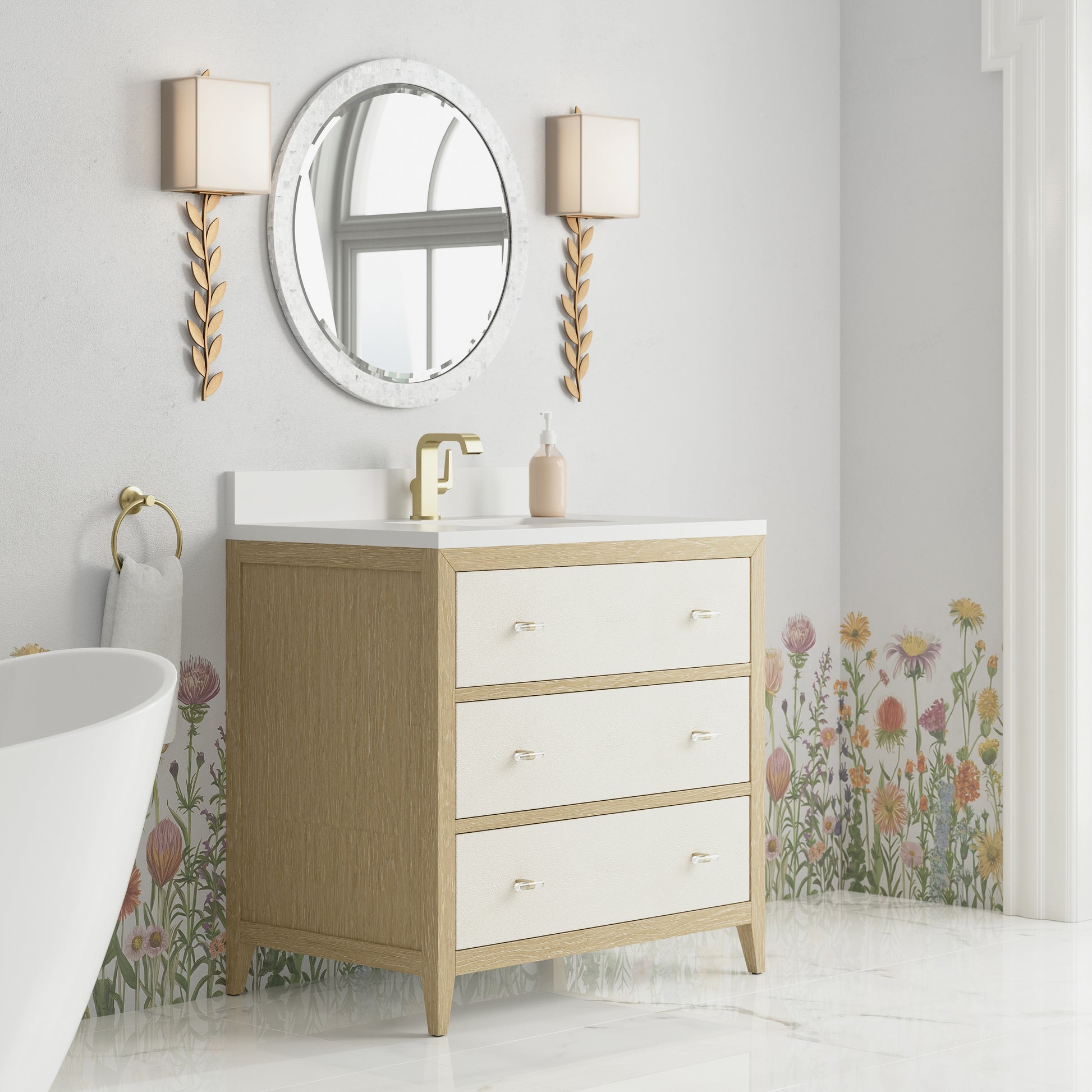 Renovate for Less Atlanta Celeste 36" Single Vanity, Sunwashed Oak with Embossed Shagreen w/ Single Hole 3 CM White Zeus Silestone Top & Backsplash
