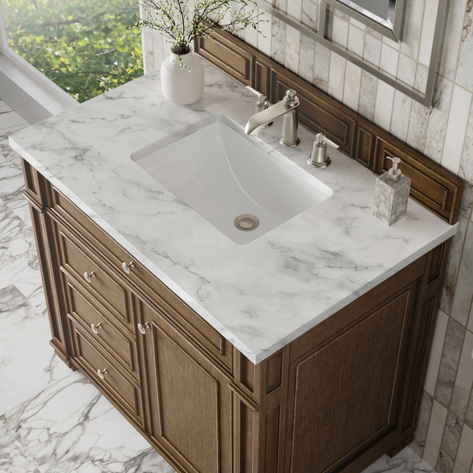 Renovate for Less Atlanta Bristol 36" Single Vanity, Saddle Brown w/ 3 CM Carrara Marble Top