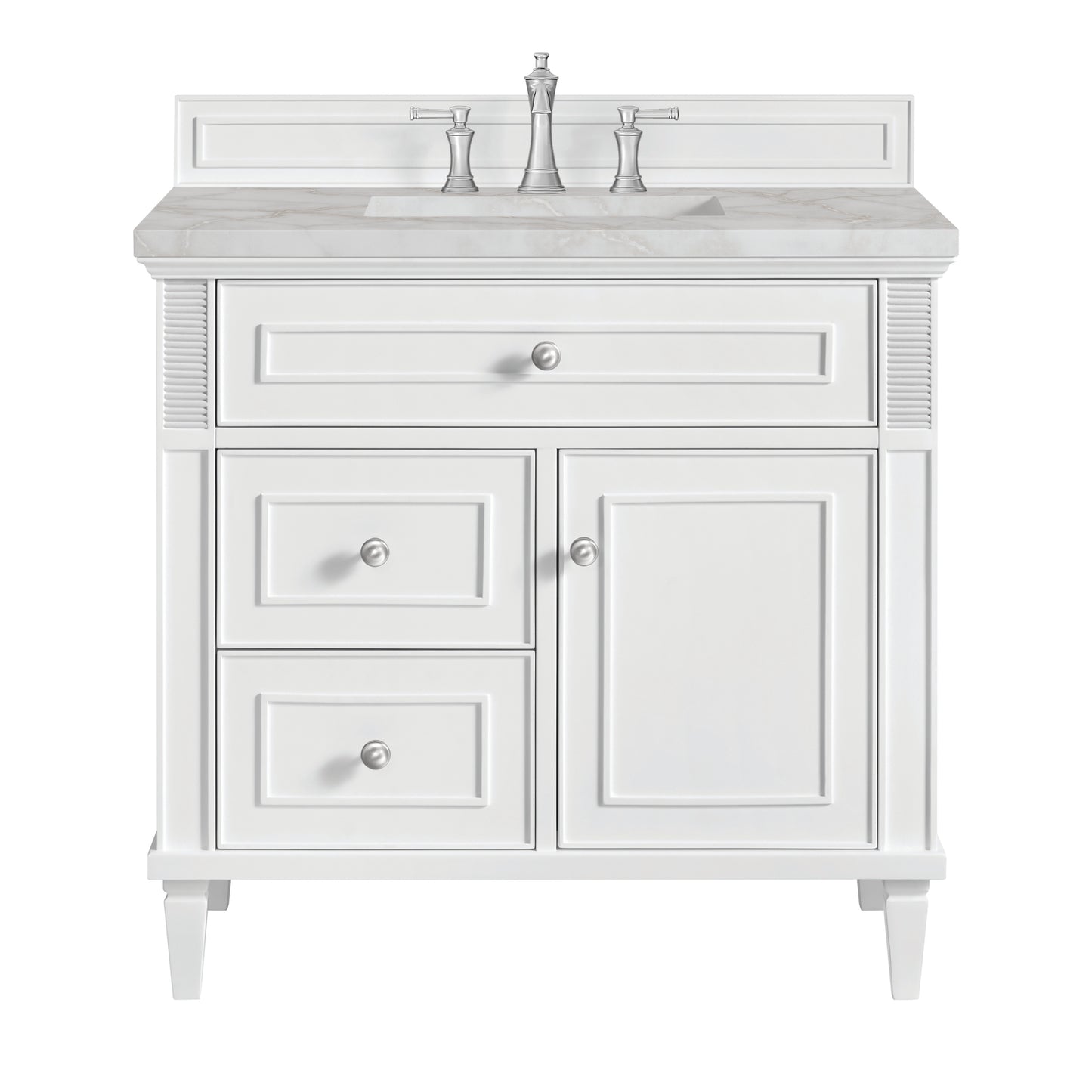 Renovate for Less Atlanta Lorelai 36" Single Vanity, Bright White w/ 3 CM Victorian Silver Silestone Top