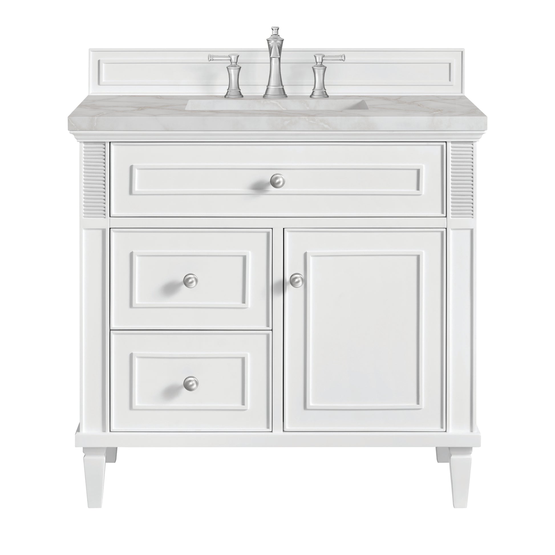 Renovate for Less Atlanta Lorelai 36" Single Vanity, Bright White w/ 3 CM Victorian Silver Silestone Top