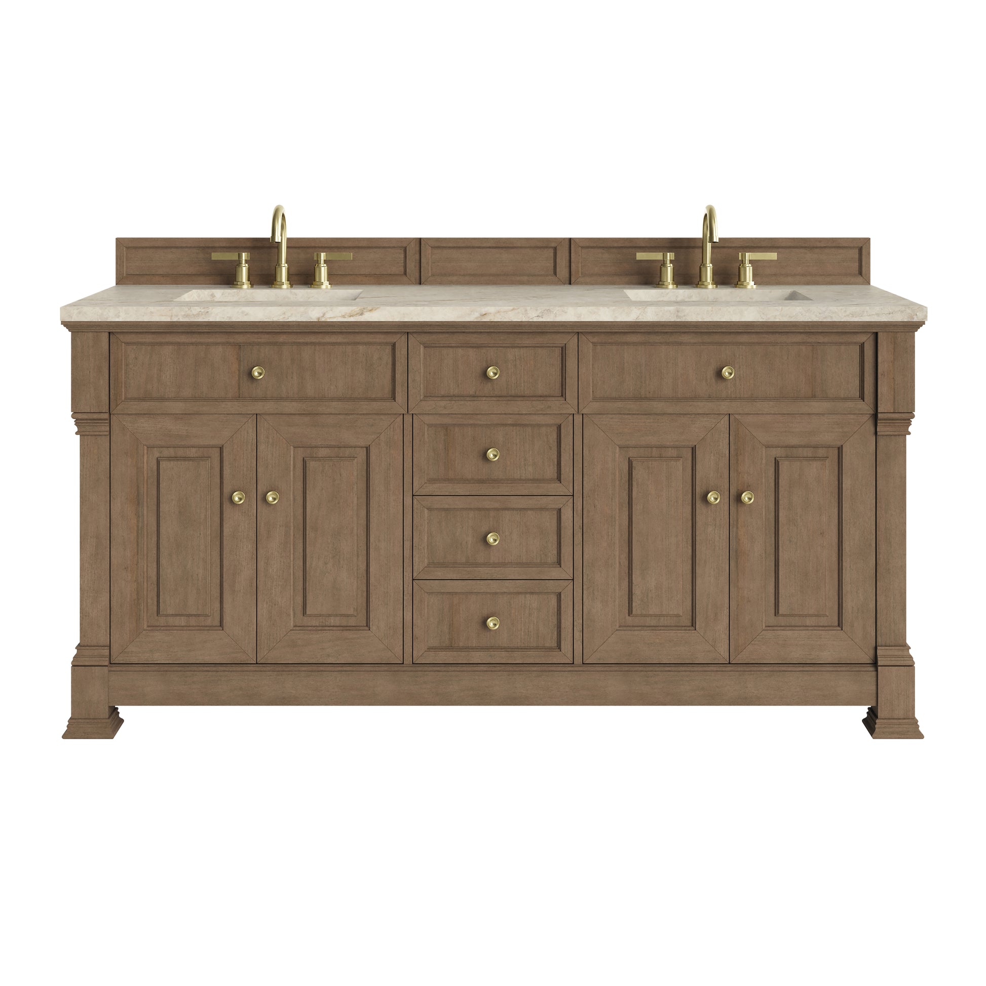 Renovate for Less Atlanta Brookfield 72" Double Vanity, Pecan, w/ 3 CM Tajnar Eclos Top w/FreePower Wireless Charger