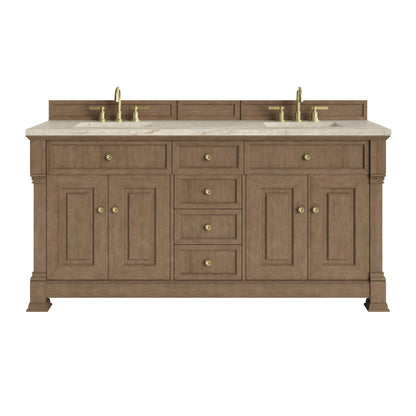 Renovate for Less Atlanta Brookfield 72" Double Vanity, Pecan, w/ 3 CM Tajnar Eclos Top w/FreePower Wireless Charger