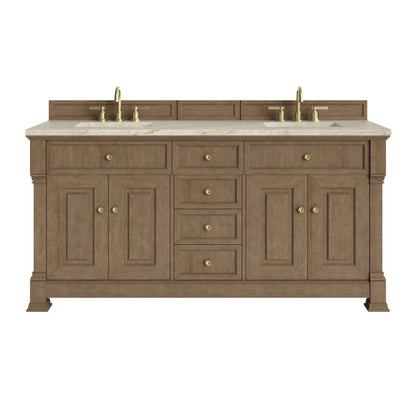 Brookfield 72" Double Vanity, Pecan, w/ 3 CM Tajnar Eclos Top w/FreePower Wireless Charger