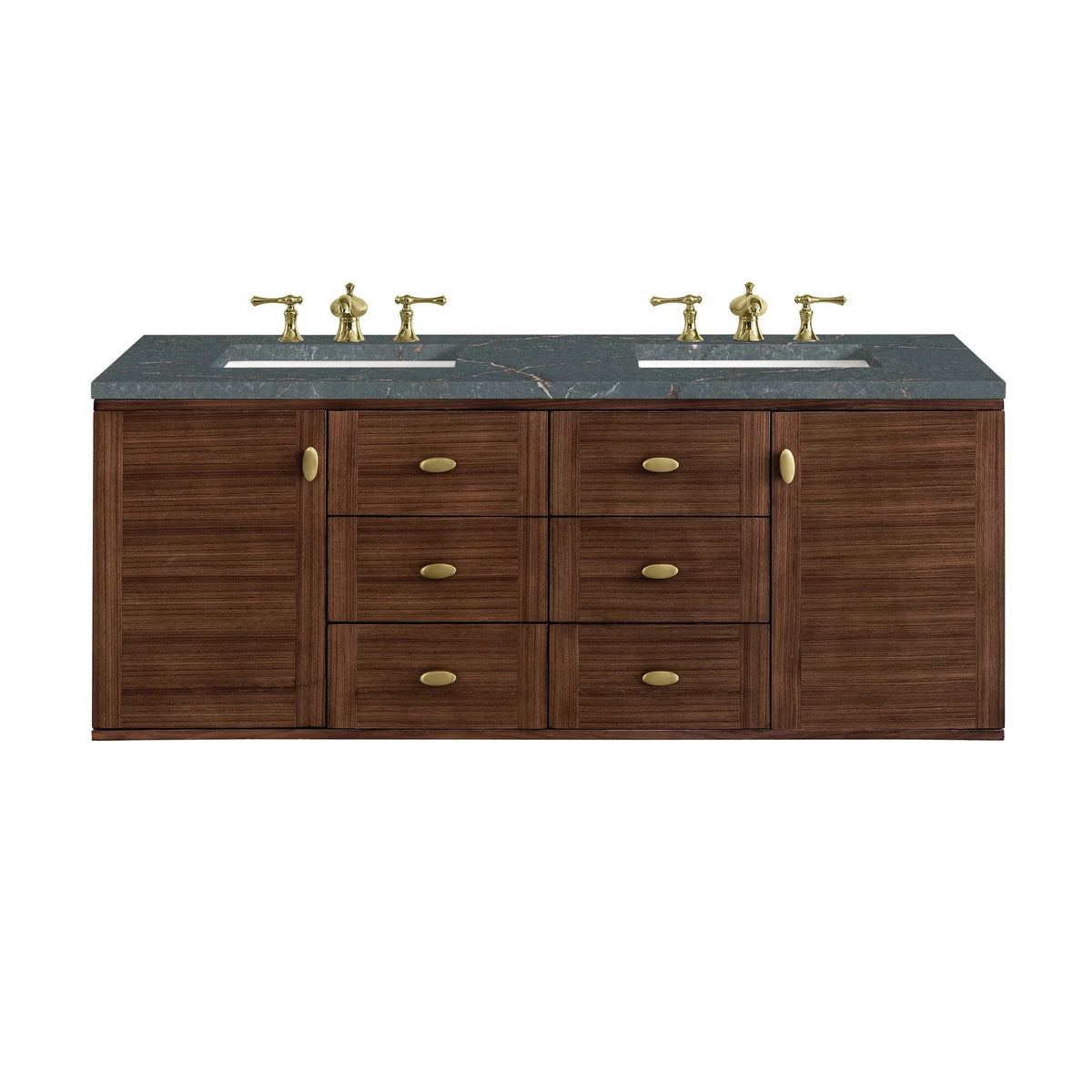 Amberly 60" Double Vanity, Mid-Century Walnut w/ 3 CM Parisien Bleu Top w/FreePower Wireless Charger