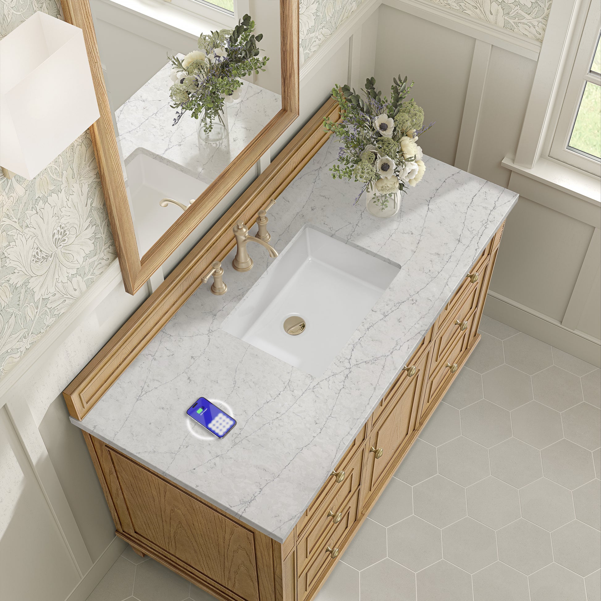 Renovate for Less Atlanta Lorelai 48" Single Vanity, Light Natural Oak w/ 3 CM Eternal Jasmine Pearl Silestone Top w/FreePower Wireless Charger