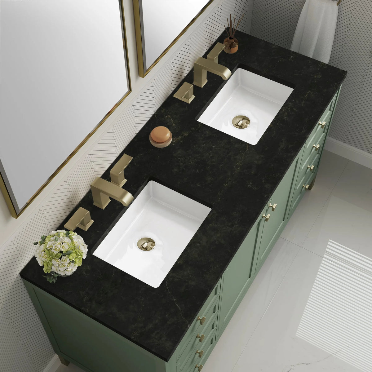 Chicago 60" Double Vanity, Smokey Celadon, w/ 3 CM Phantome Eclos Top