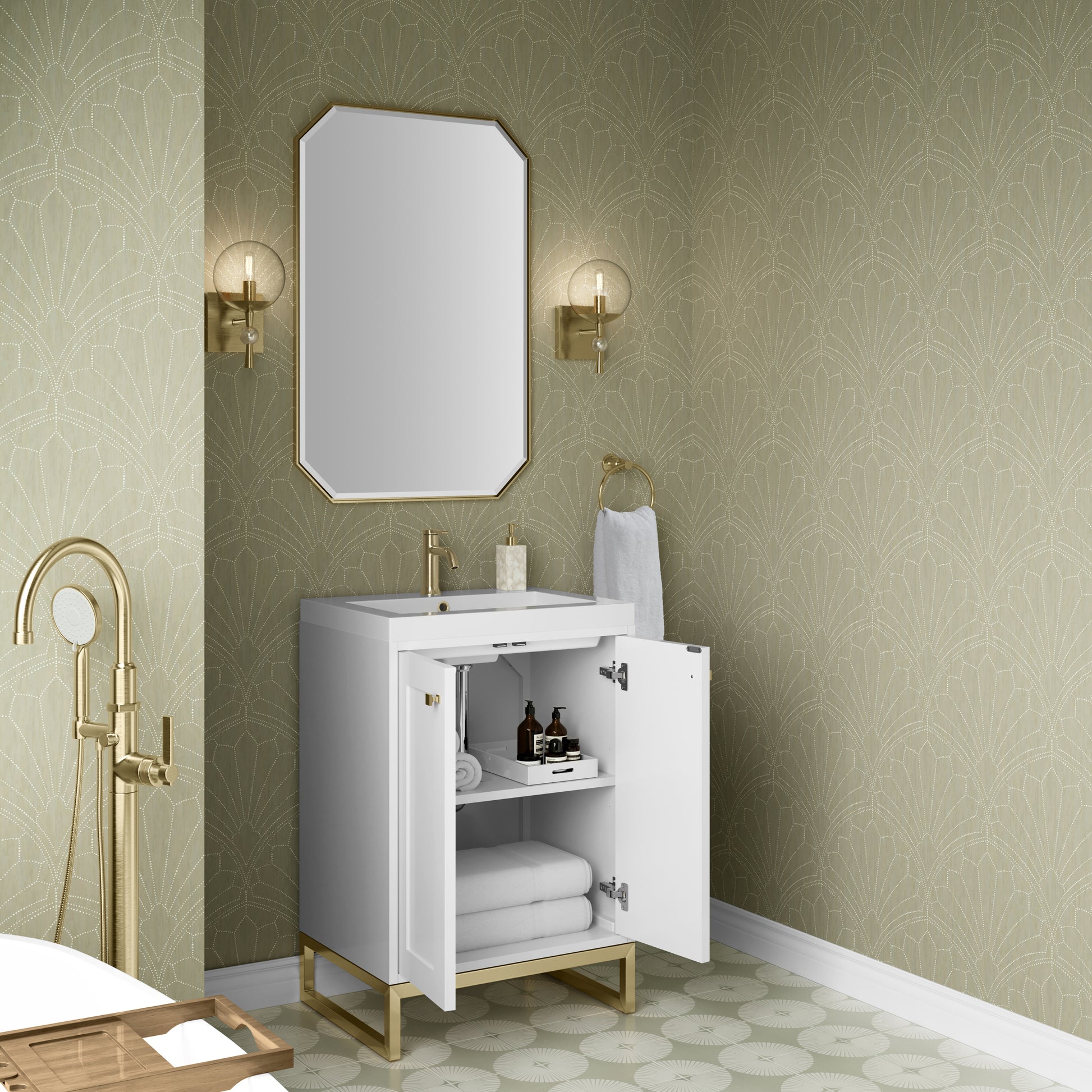 Renovate for Less Atlanta Chianti 24" Single Vanity, Glossy White, Champagne Brass, w/ White Glossy Composite Stone Top