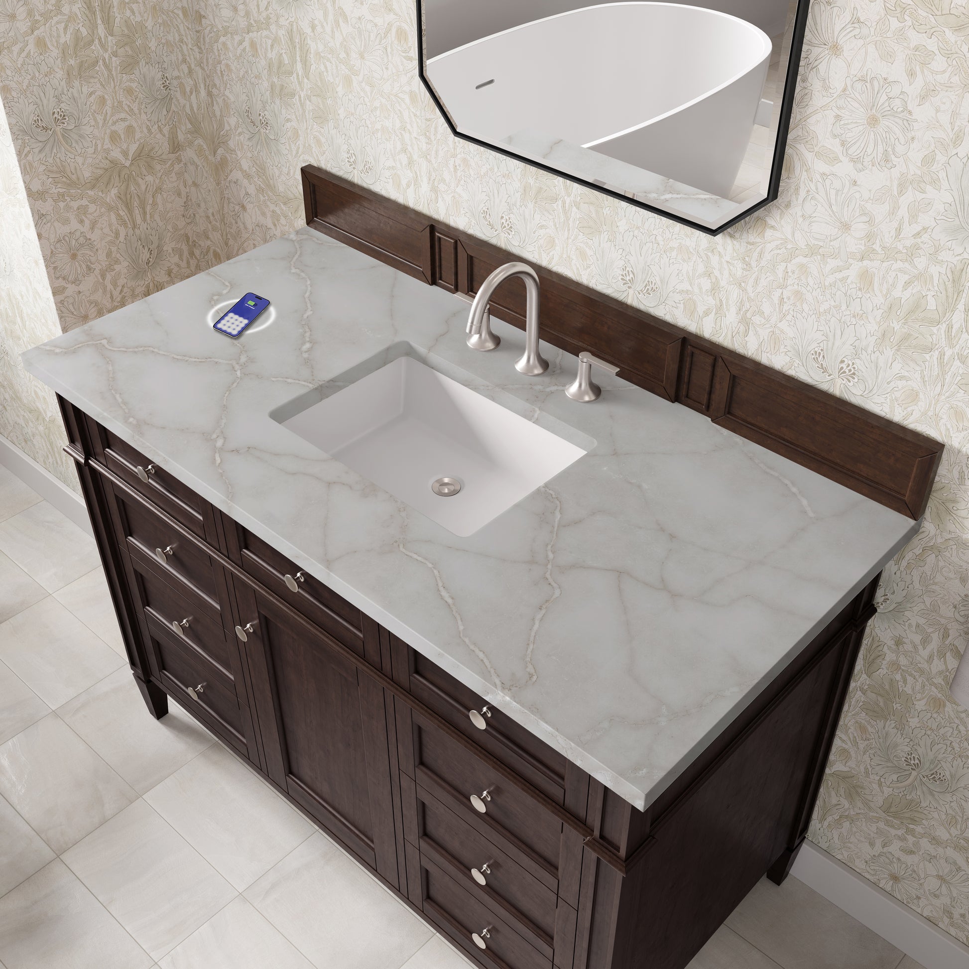 Renovate for Less Atlanta Brittany 48" Single Vanity, Burnished Mahogany w/ 3 CM Victorian Silver Silestone Top w/FreePower Wireless Charger