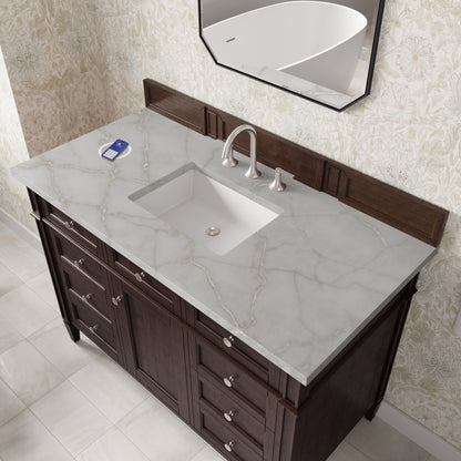 Renovate for Less Atlanta Brittany 48" Single Vanity, Burnished Mahogany w/ 3 CM Victorian Silver Silestone Top w/FreePower Wireless Charger