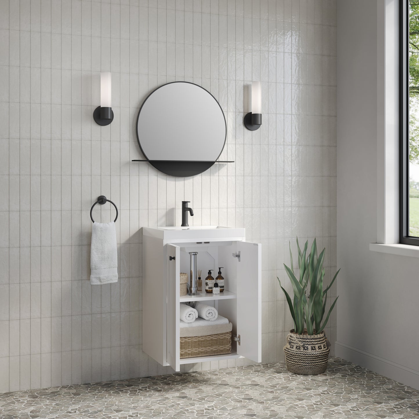 Renovate for Less Atlanta Chianti 20" Single Vanity, Glossy White, Matte Black, w/ White Glossy Composite Stone Top