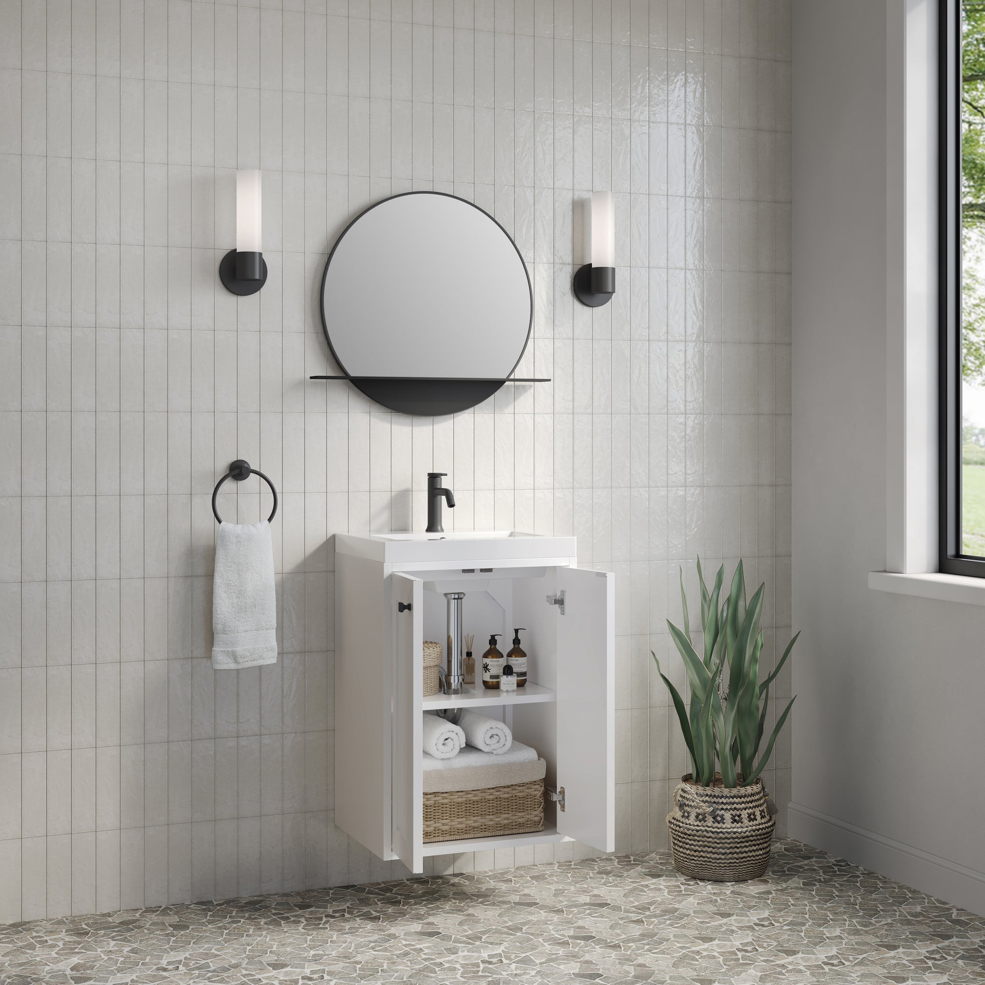 Renovate for Less Atlanta Chianti 20" Single Vanity, Glossy White, Matte Black, w/ White Glossy Composite Stone Top