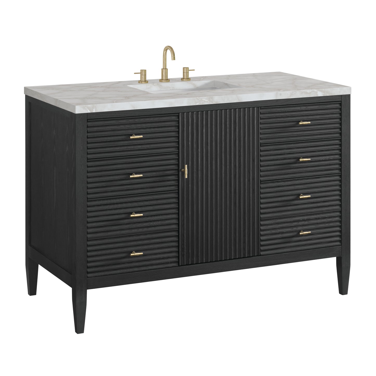 Renovate for Less Atlanta Myrrin 48" Single Vanity, Carbon Oak w/ 3 CM Victorian Silver Silestone Top w/FreePower Wireless Charger