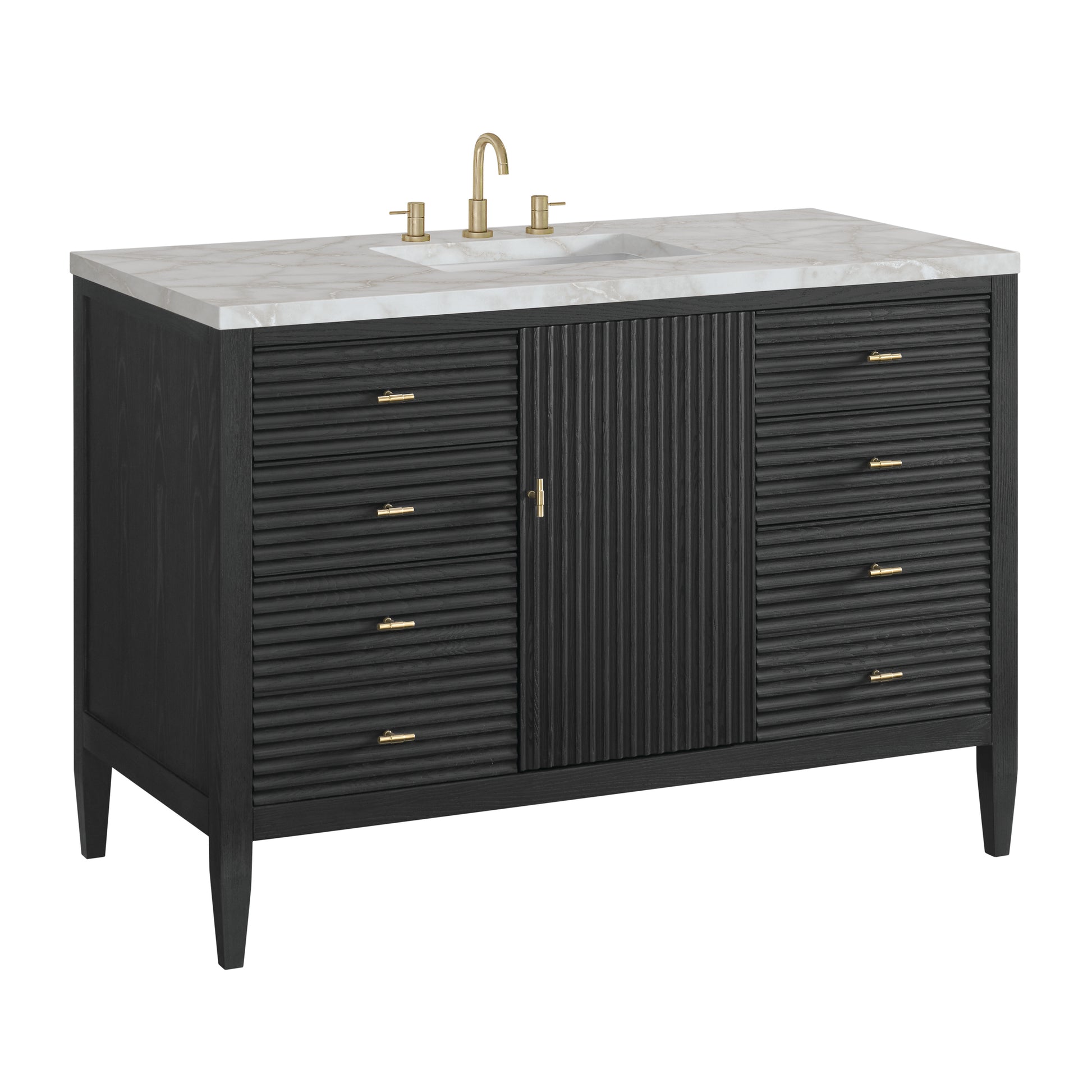 Renovate for Less Atlanta Myrrin 48" Single Vanity, Carbon Oak w/ 3 CM Victorian Silver Silestone Top w/FreePower Wireless Charger