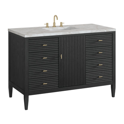 Renovate for Less Atlanta Myrrin 48" Single Vanity, Carbon Oak w/ 3 CM Victorian Silver Silestone Top w/FreePower Wireless Charger