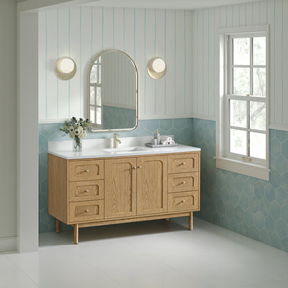 Renovate for Less Atlanta Laurent 60" Single Vanity, Light Natural Oak, w/ Single Hole 3 CM White Zeus Quartz Top & Backsplash