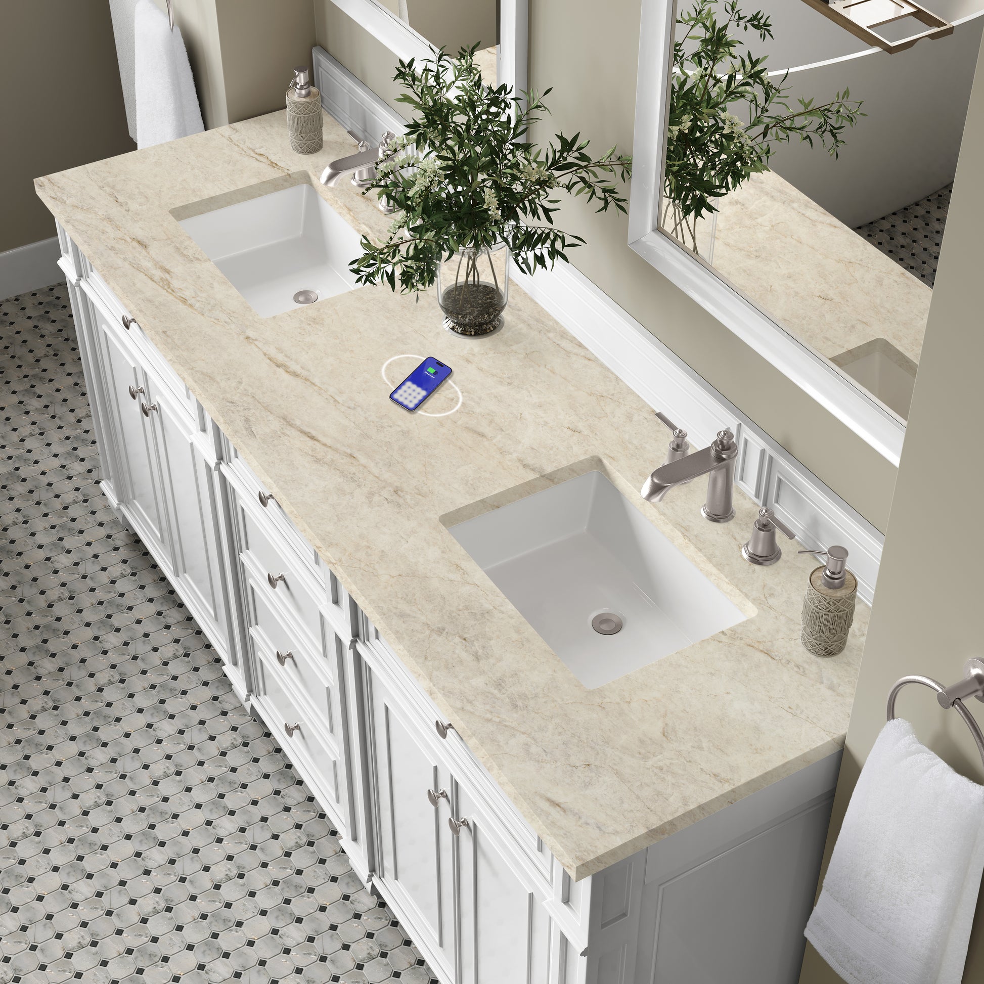 Renovate for Less Atlanta Bristol 72" Double Vanity, Bright White, w/ 3 CM Tajnar Eclos Top w/FreePower Wireless Charger
