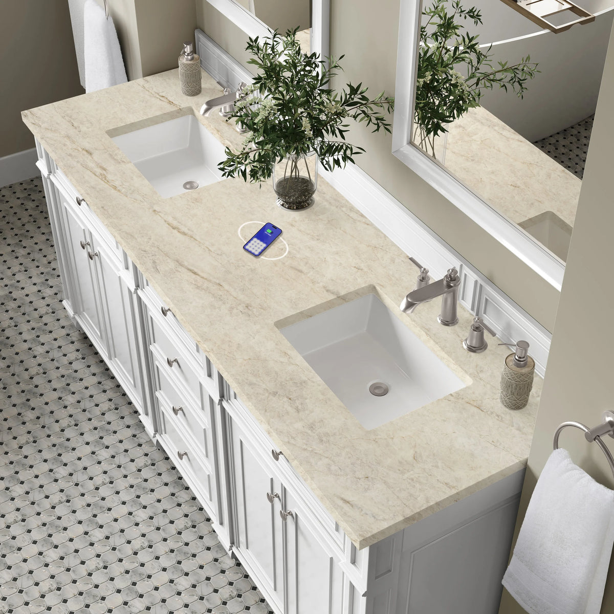 Bristol 72" Double Vanity, Bright White, w/ 3 CM Tajnar Eclos Top w/FreePower Wireless Charger