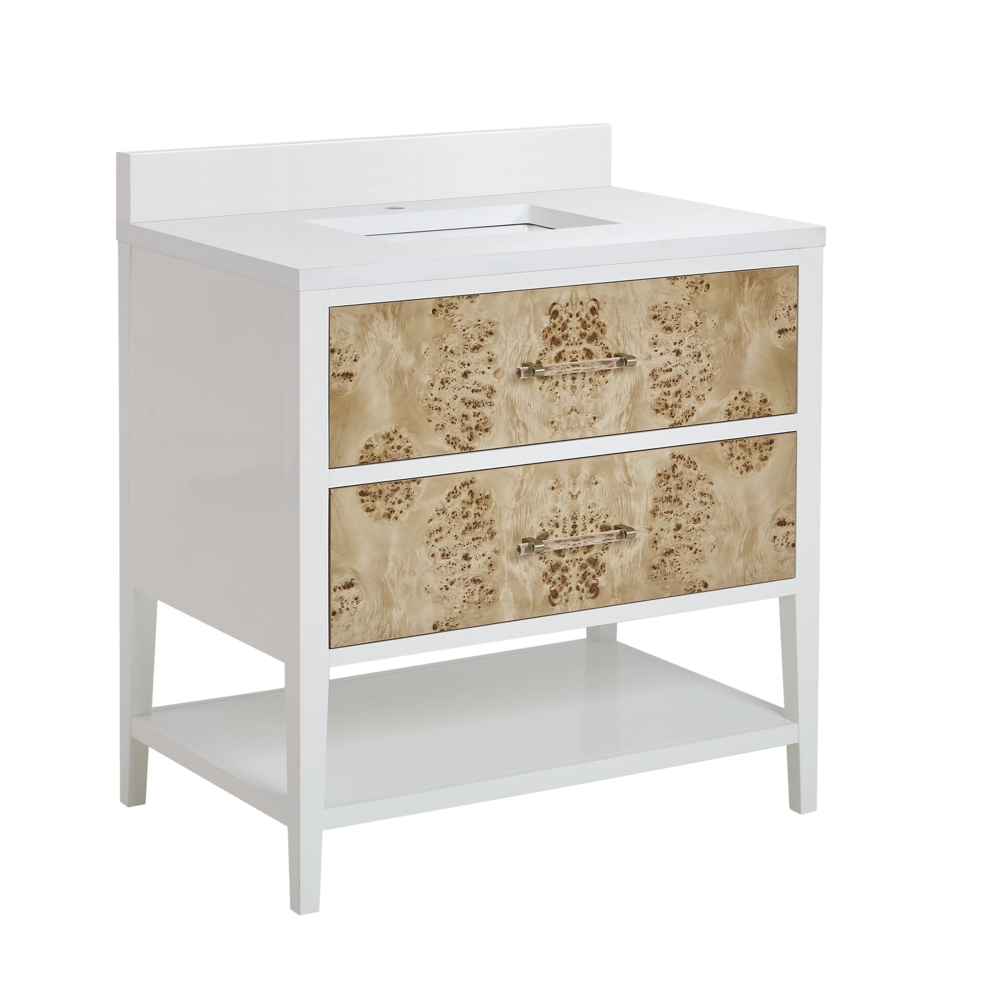Renovate for Less Atlanta Olena 36" Single Vanity, Light Mappa Burl and Polished White w/ Single Hole 3 CM White Zeus Silestone Top & Backsplash