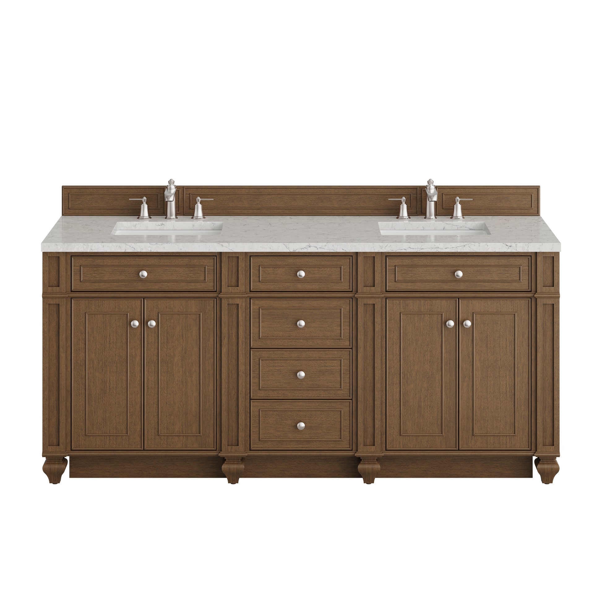 Renovate for Less Atlanta Bristol 72" Double Vanity, Saddle Brown w/ 3 CM Eternal Jasmine Pearl Silestone Top